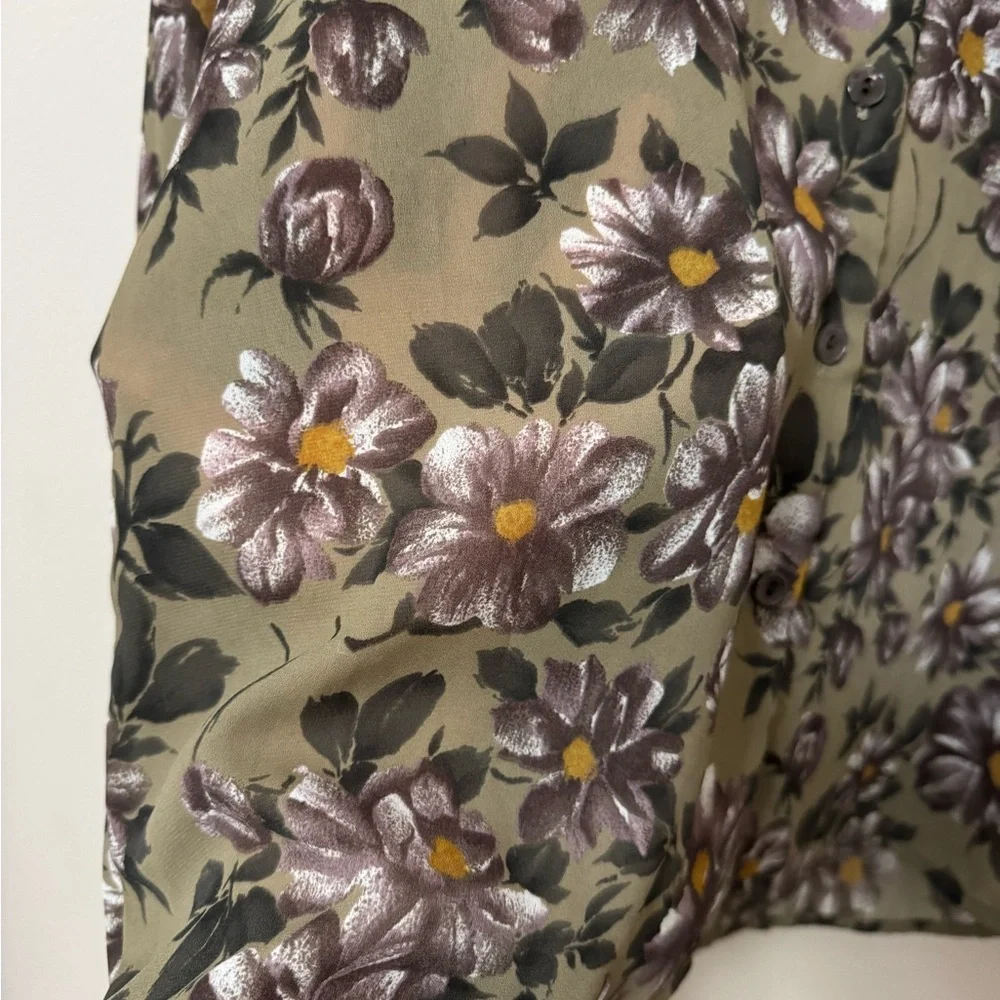 ERENA (size 12) vintage olive green purple Floral ruffle collar button up blouse